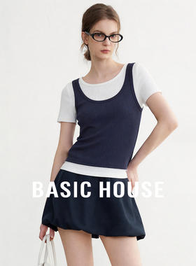 Basic House/百家好藏青色假两件针织T恤女夏季撞色拼接短袖上衣