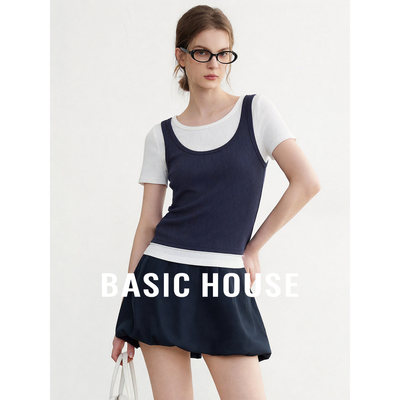 Basic House/百家好藏青色假两件针织T恤女夏季撞色拼接短袖上衣