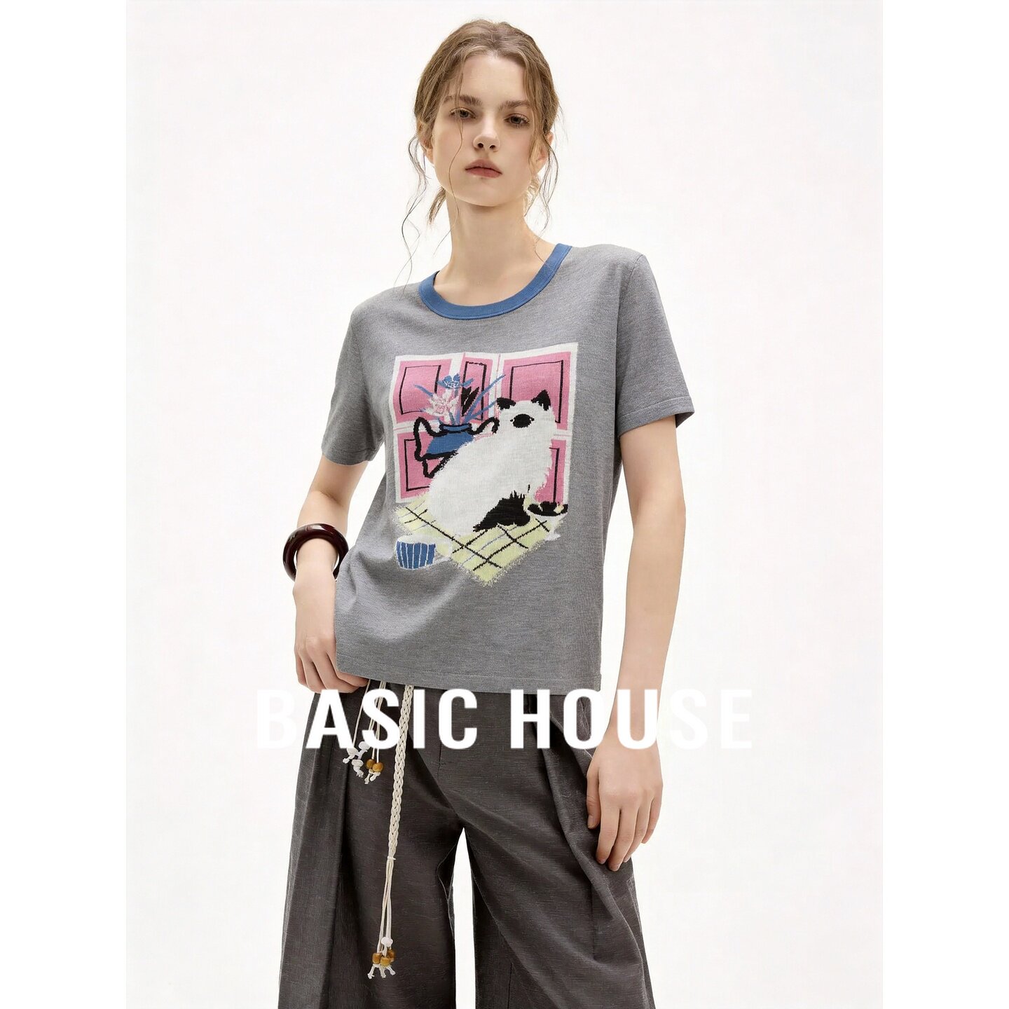 Basic House/百家好灰色圆领短袖针织衫撞色卡通图案上衣夏季薄款