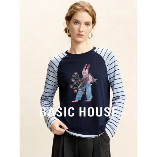 Basic House/百家好韩系复古蓝色条纹拼接长袖T恤女卡通印花上衣