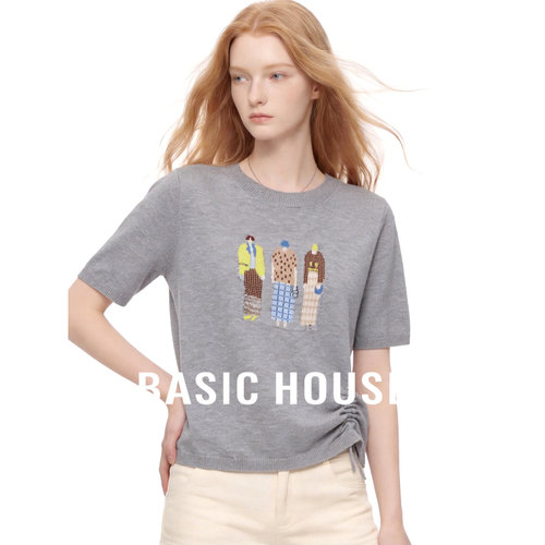 Basic House/百家好高级感灰色圆领短袖针织衫女夏季印花图案上衣