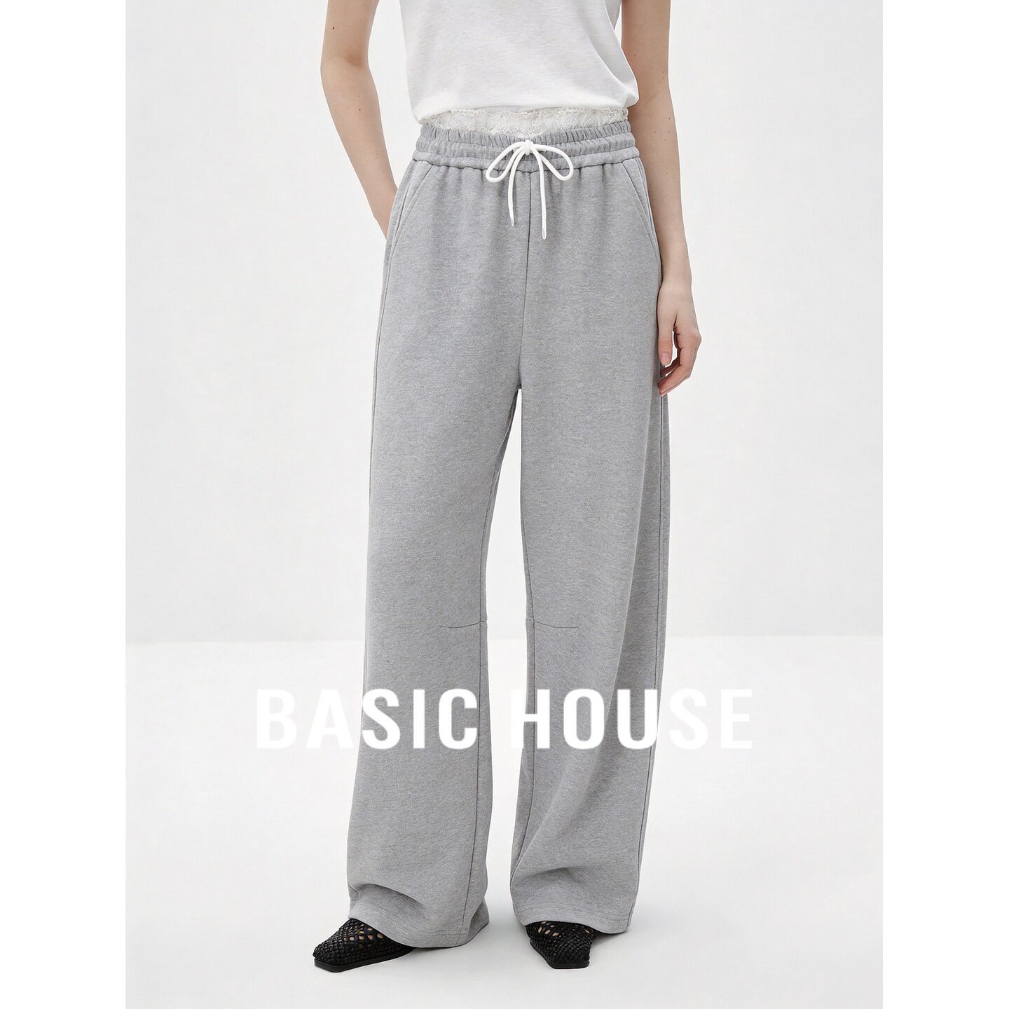 Basic House/百家好灰色系带松紧腰抽绳休闲裤女宽松直筒运动裤