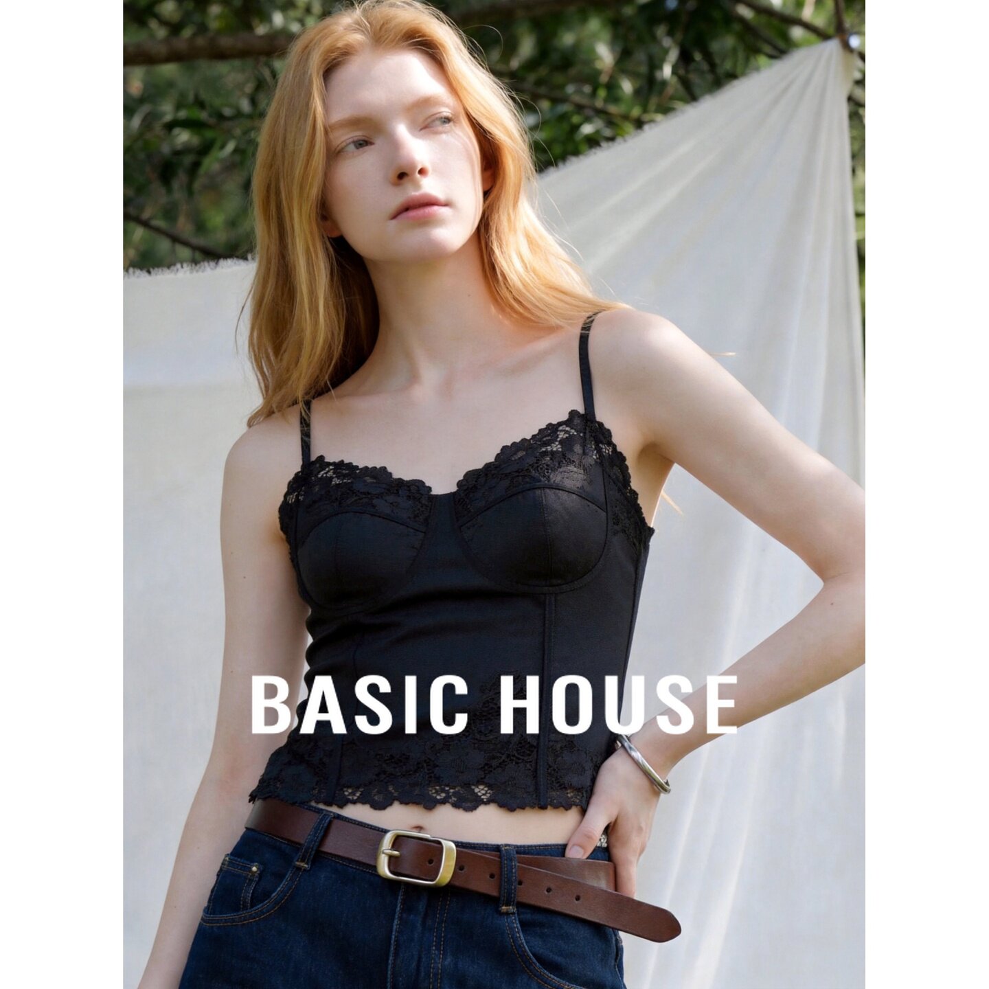 Basic House/百家好黑色蕾丝吊带背心女细肩带设计感内搭上衣夏季