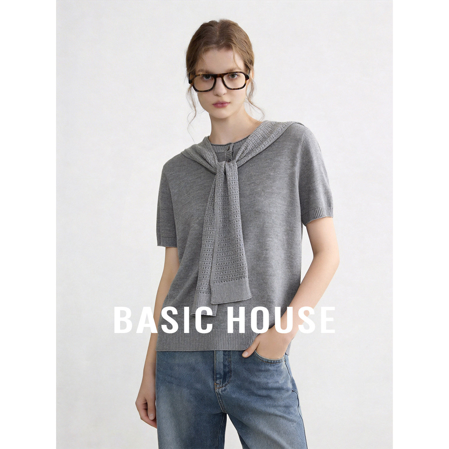Basic House/百家好纯色带披肩短袖针织衫女夏季百搭圆领宽松上衣