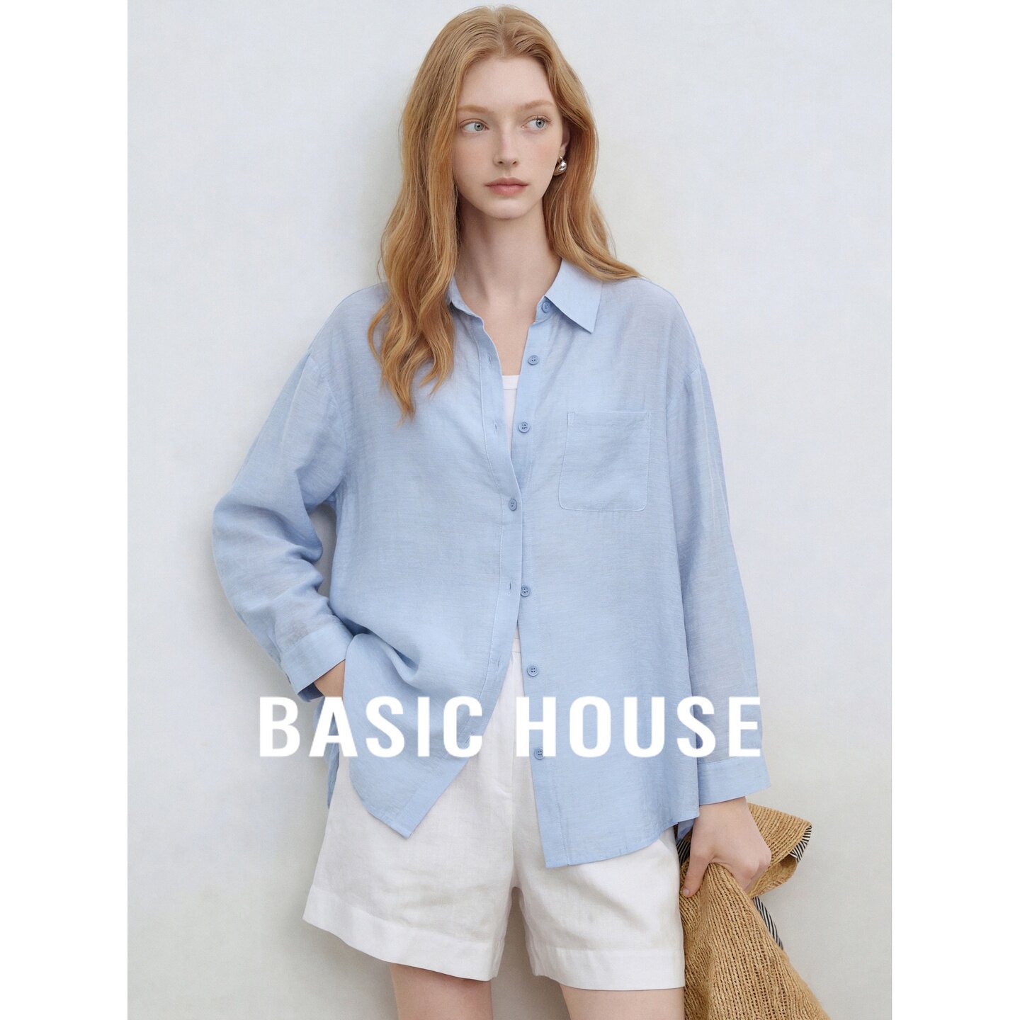 Basic House/百家好老钱风亚麻衬衫女长袖蓝色松弛慵懒风防晒上衣