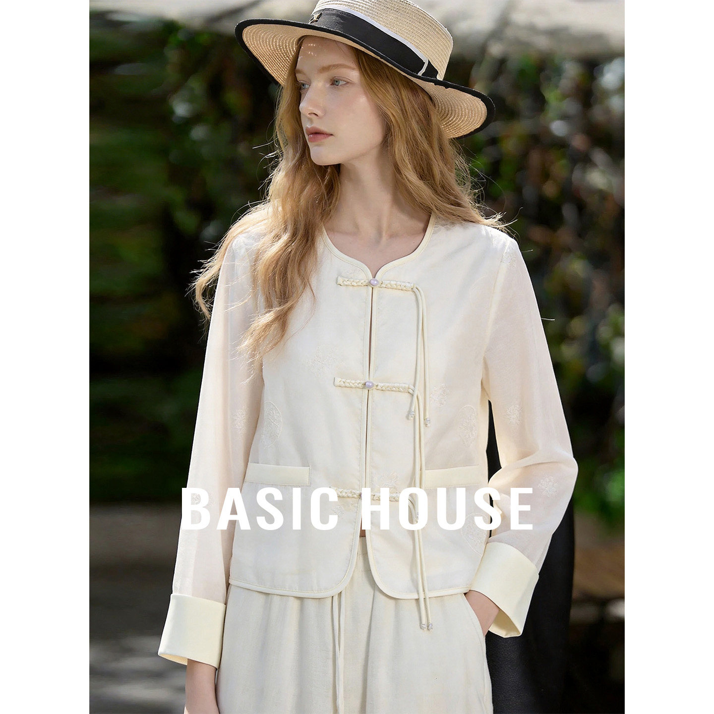 Basic House/百家好白色新中式盘扣外套女夏季温柔气质长袖上衣
