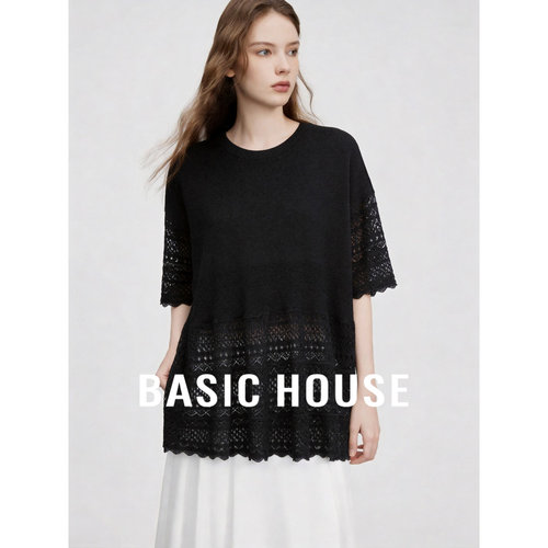 Basic House/百家好黑色圆领蕾丝透气针织衫女2026夏宽松休闲上衣