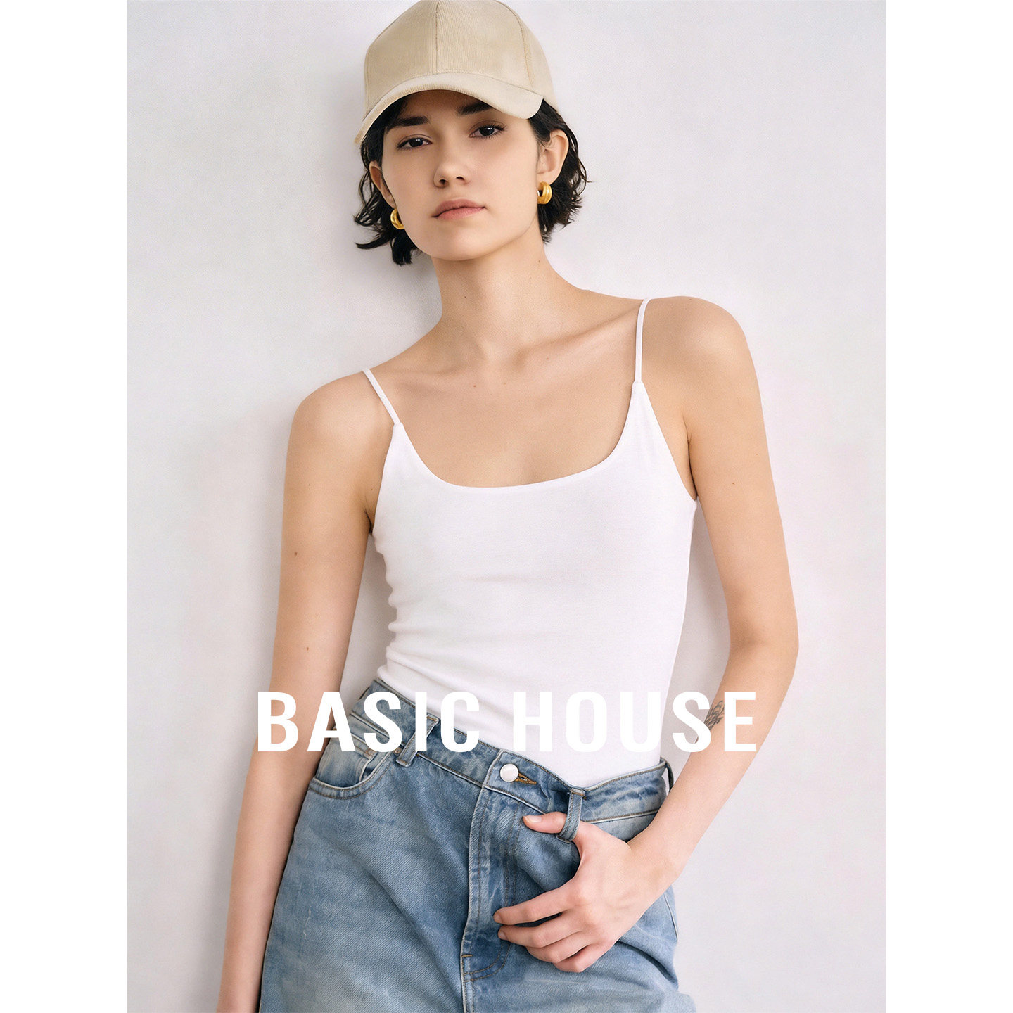 Basic House/百家好白色U领吊带背心女2026新款蕾丝拼接内搭打底