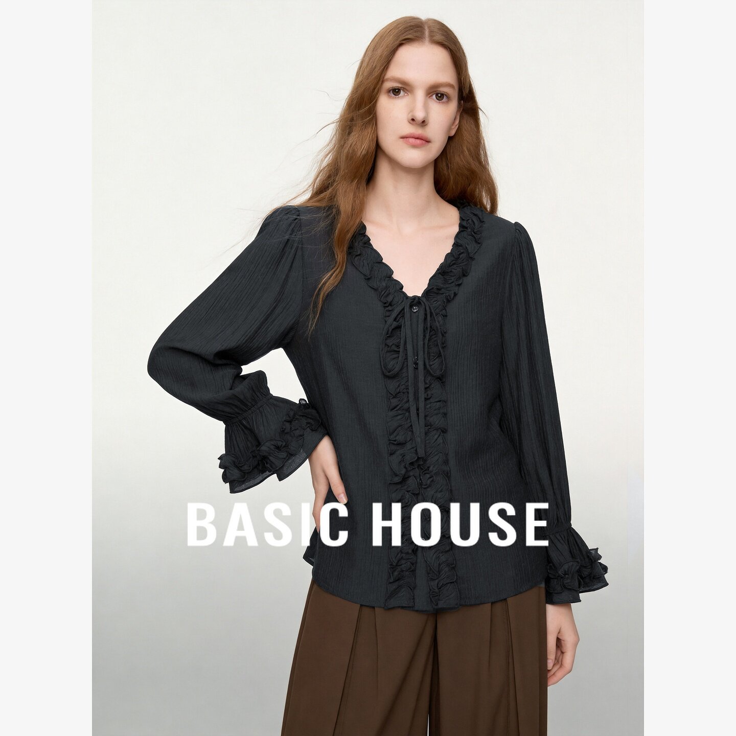 Basic House/百家好法式荷叶边V领衬衫女宽松百搭长袖雪纺衫上衣
