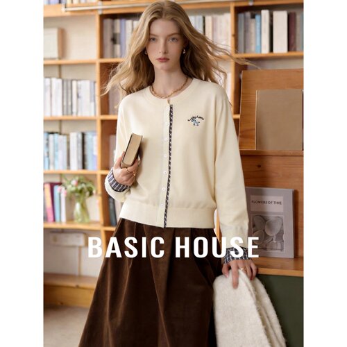 Basic House/百家好学院风格纹拼接针织开衫女圆领显瘦百搭外套