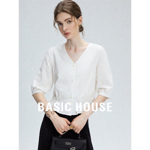 Basic House/百家好法式风白色V领镂空棉质衬衫女袖宽松显瘦百搭