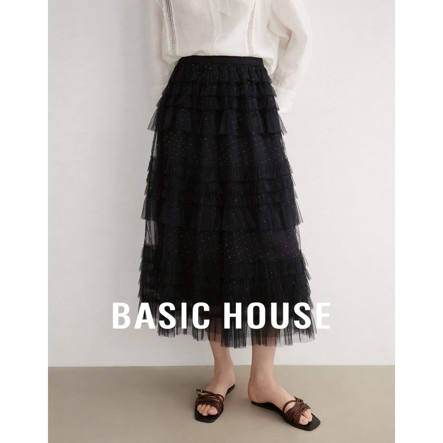 Basic House/百家好黑色网纱蛋糕裙女26夏季中长款多层显瘦蓬蓬裙