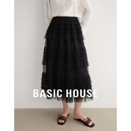 Basic House/百家好黑色网纱蛋糕裙女26夏季中长款多层显瘦蓬蓬裙