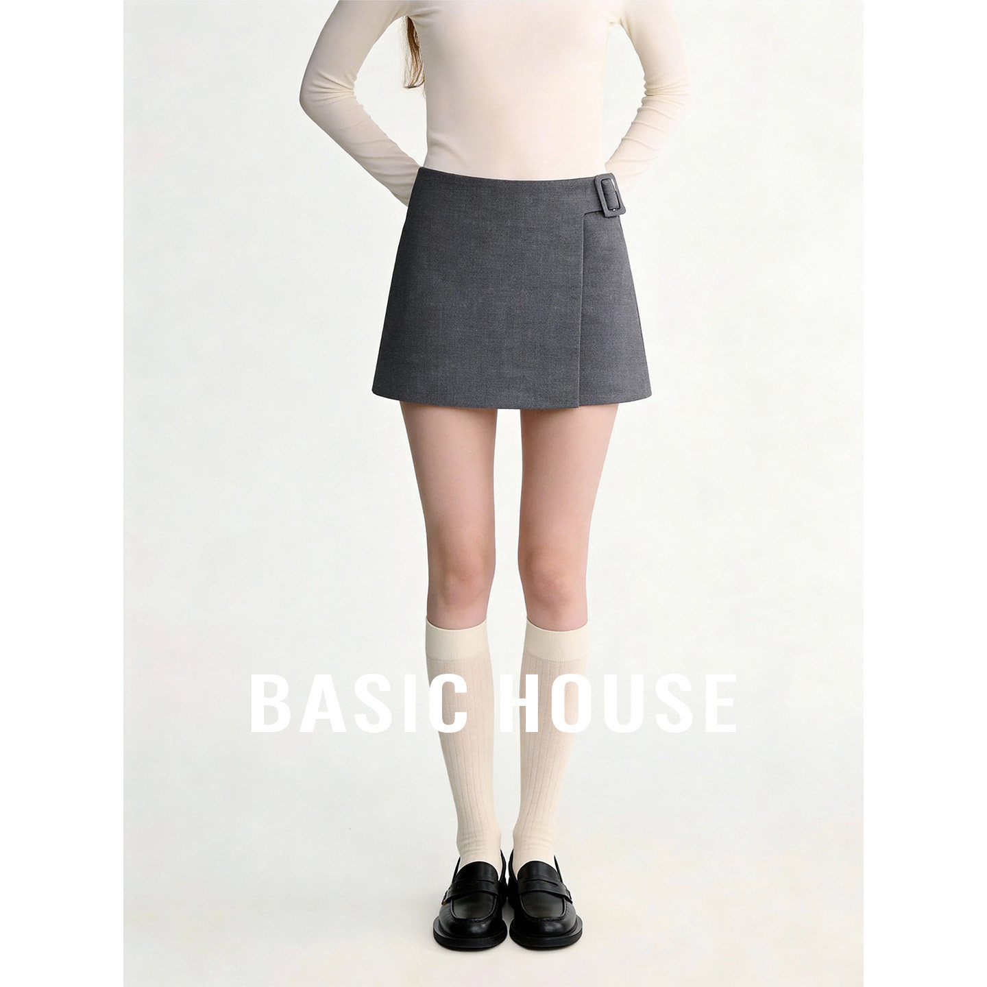 Basic House/百家好灰色基础简约半身短裙女春季新款休闲百搭A裙