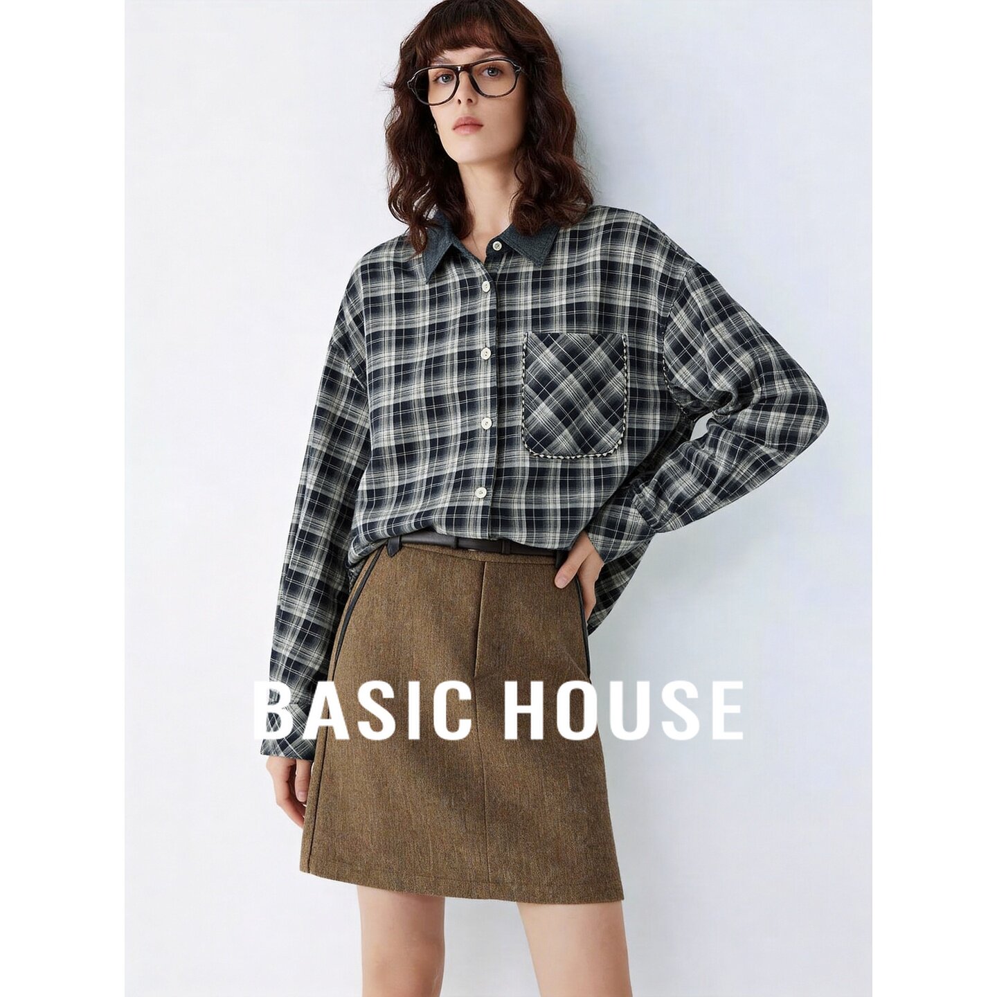 Basic House/百家好设计感格子衬衫女长袖宽松翻领休闲百搭上衣秋