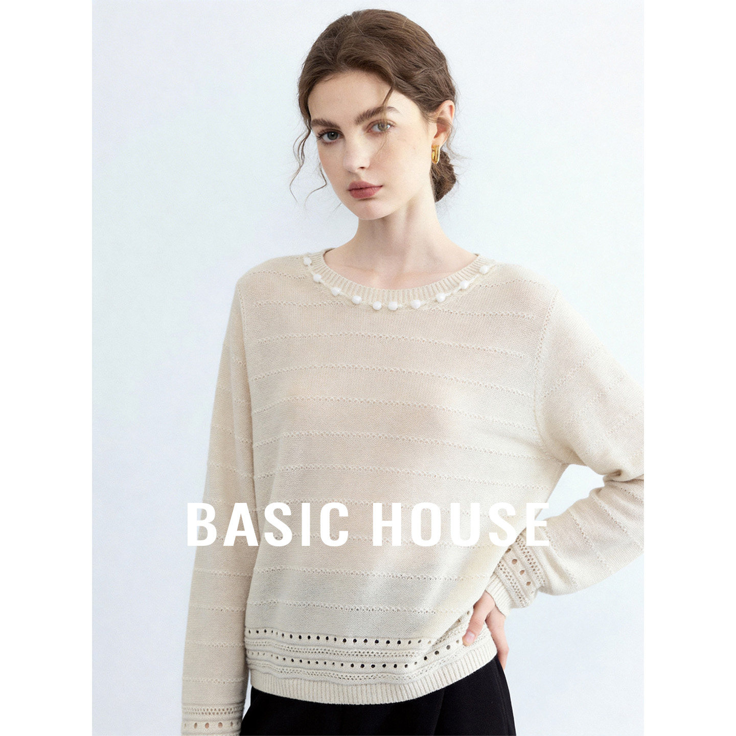 Basic House/百家好圆领钉珠镂空针织衫女秋季莱赛尔宽松长袖上衣