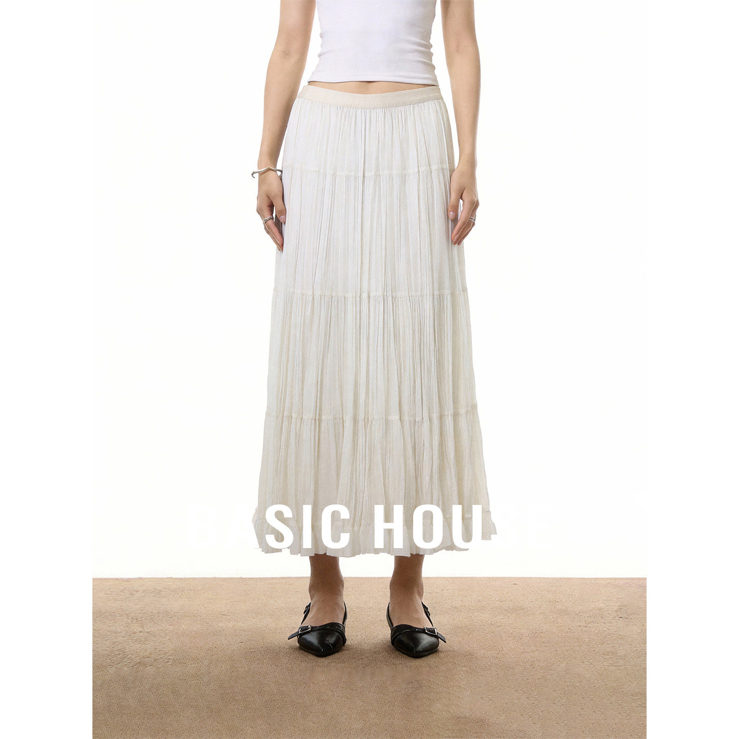 Basic House/百家好白色百褶半身裙女春宽松显瘦高级感百搭A字裙