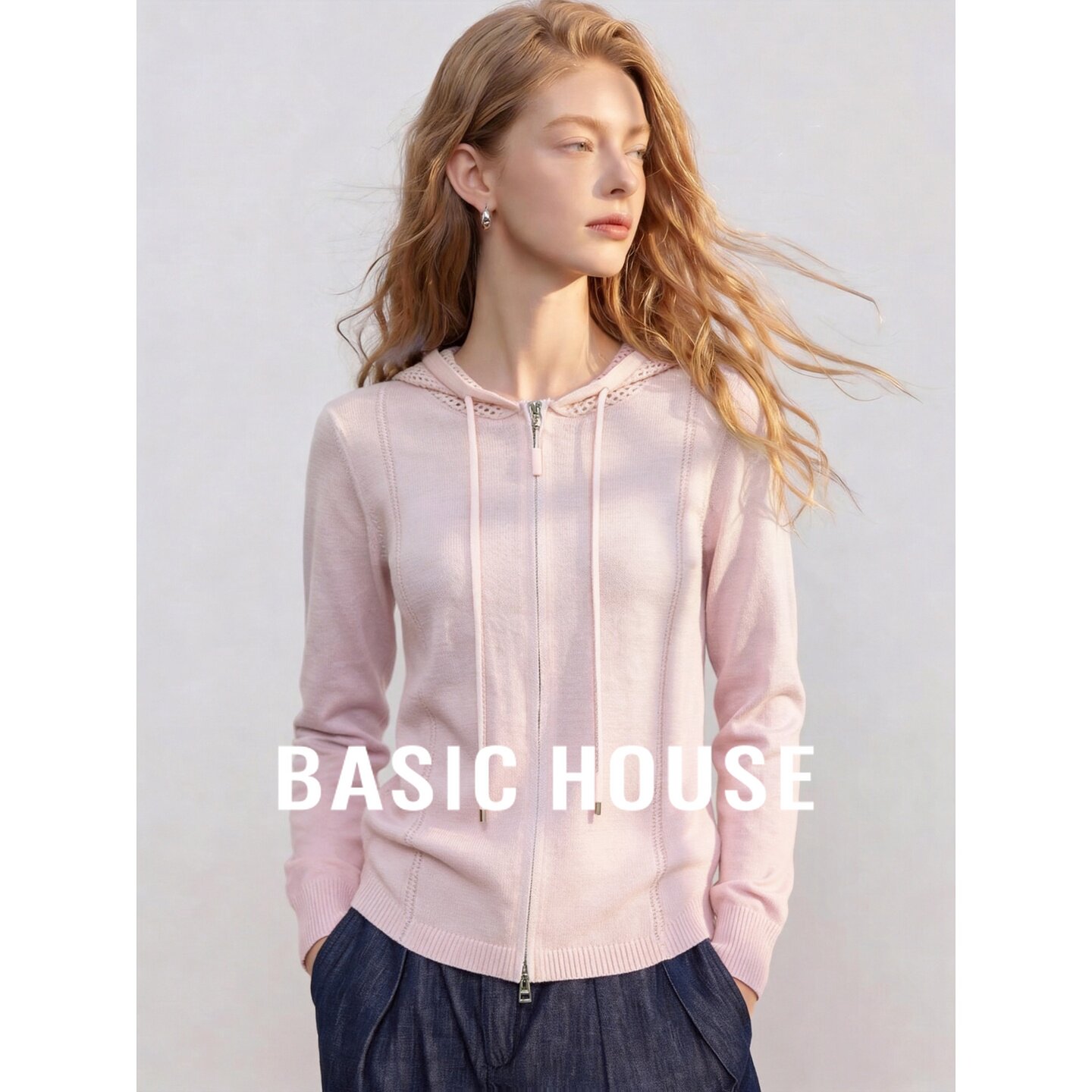 Basic House/百家好粉色连帽拉链针织衫女薄款透气百搭温柔风外套