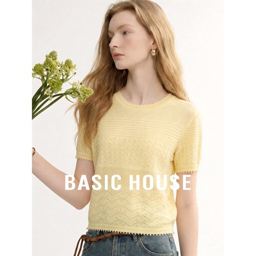 Basic House/百家好镂空钩花短袖针织衫女夏季薄款黄色莱赛尔上衣