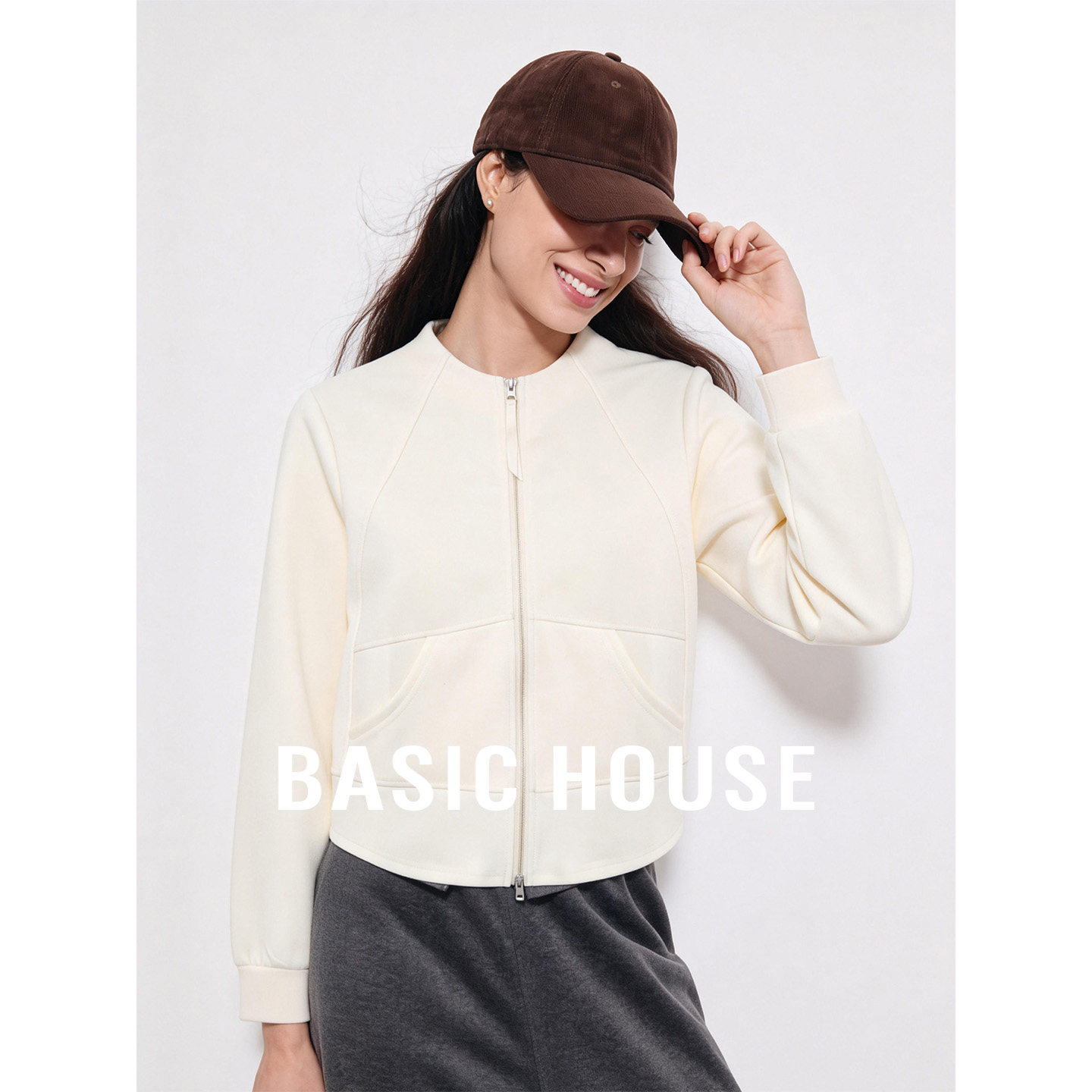Basic House/百家好立领正肩双头拉链卫衣外套百搭休闲外搭上衣女