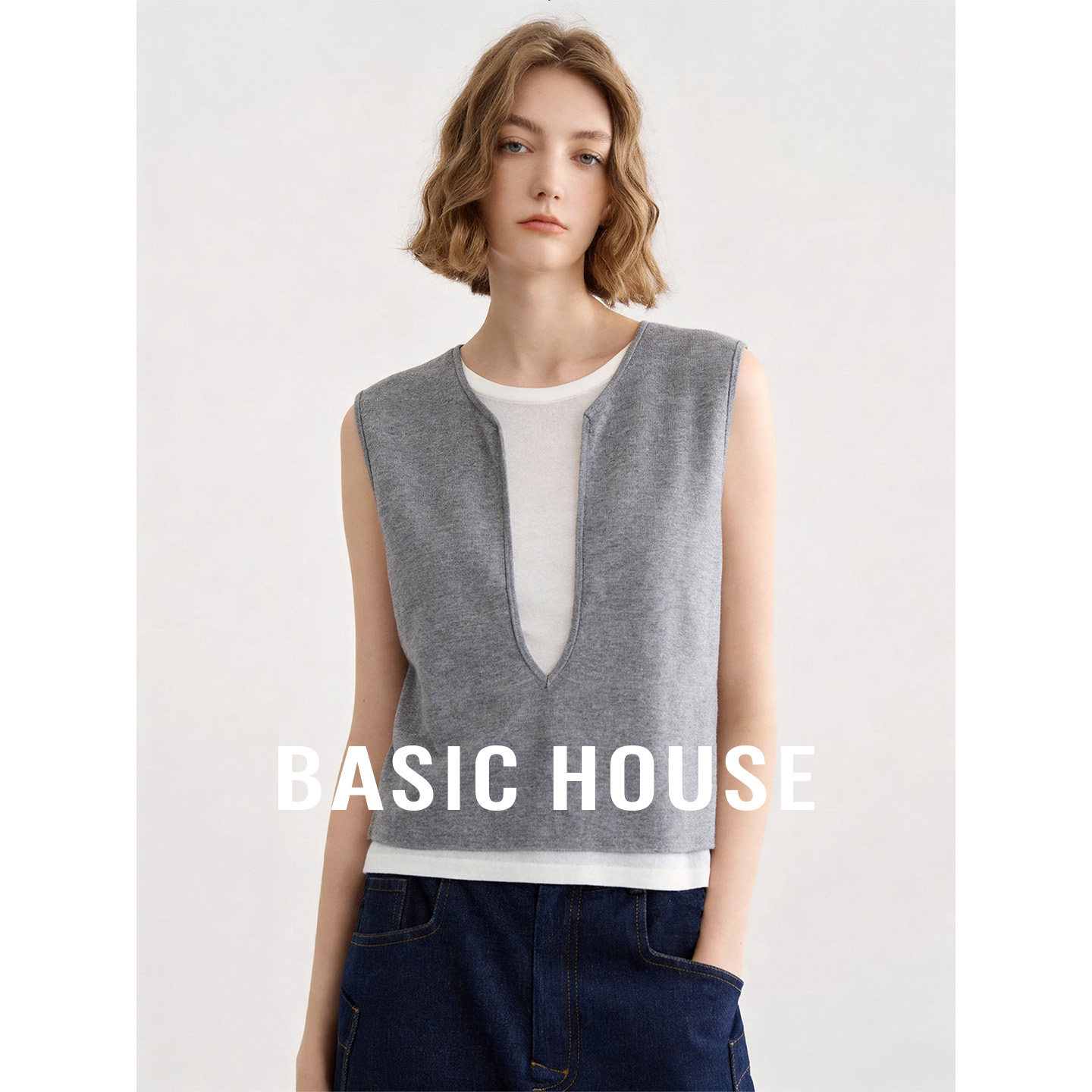 Basic House/百家好撞色假两件无袖针织马甲夏季圆领拼接背心打底