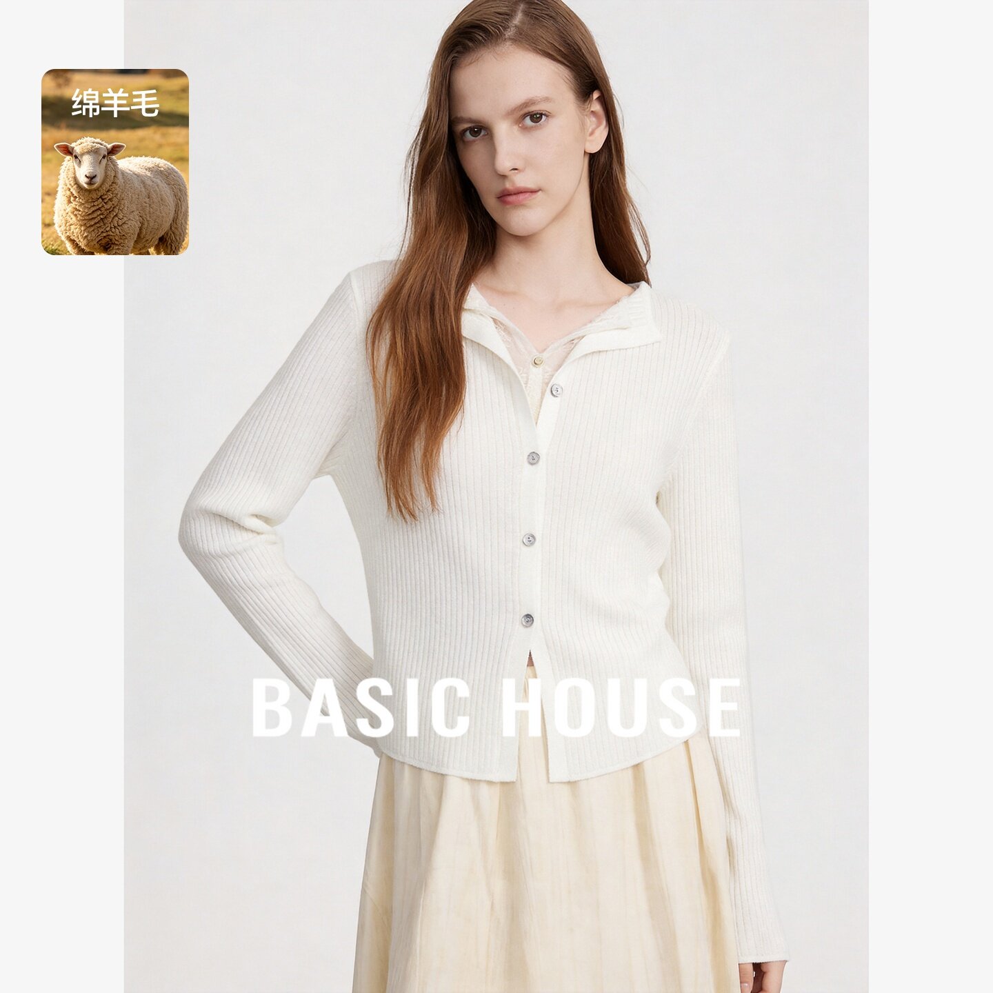 Basic House/百家好假两件蕾丝拼接针织开衫羊毛修身百搭毛衣外套