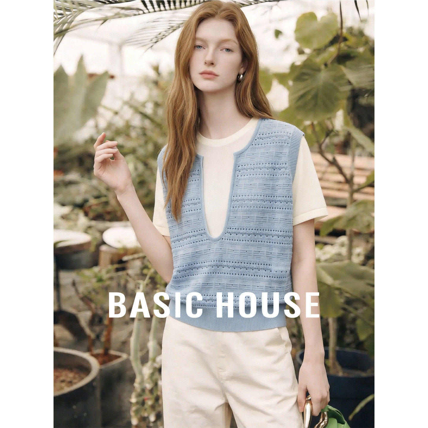 Basic House/百家好假两件短袖针织衫女夏2026新款设计感T恤上衣