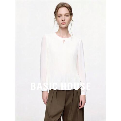 Basic House/百家好优雅风白色长袖压褶衬衫女秋宽松显瘦通勤上衣