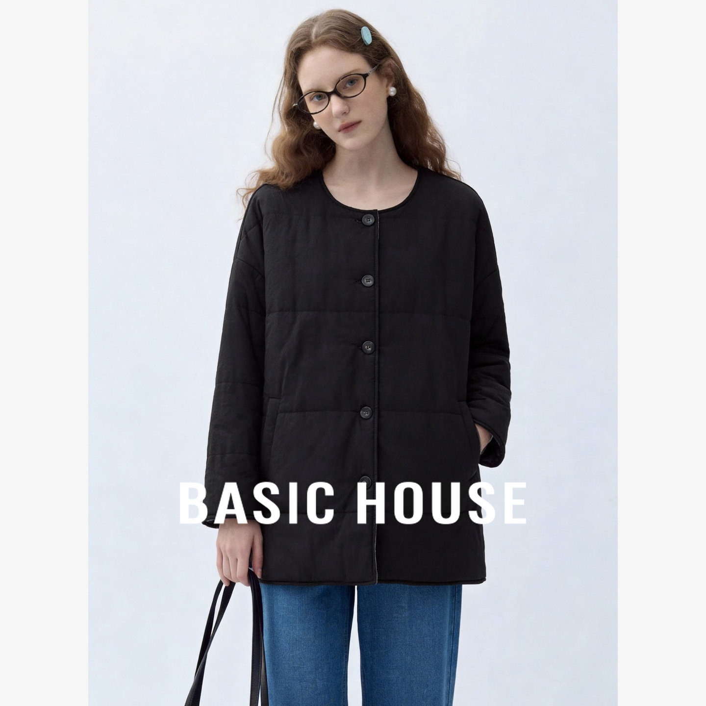 Basic House/百家好简约复古圆领正反两穿棉服保暖中长款棉衣外套