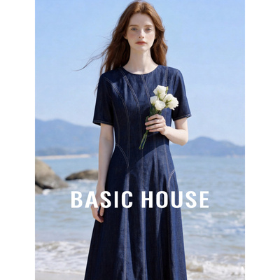Basic House/百家好莱赛尔牛仔连衣裙女夏季收腰显瘦长裙气质通勤