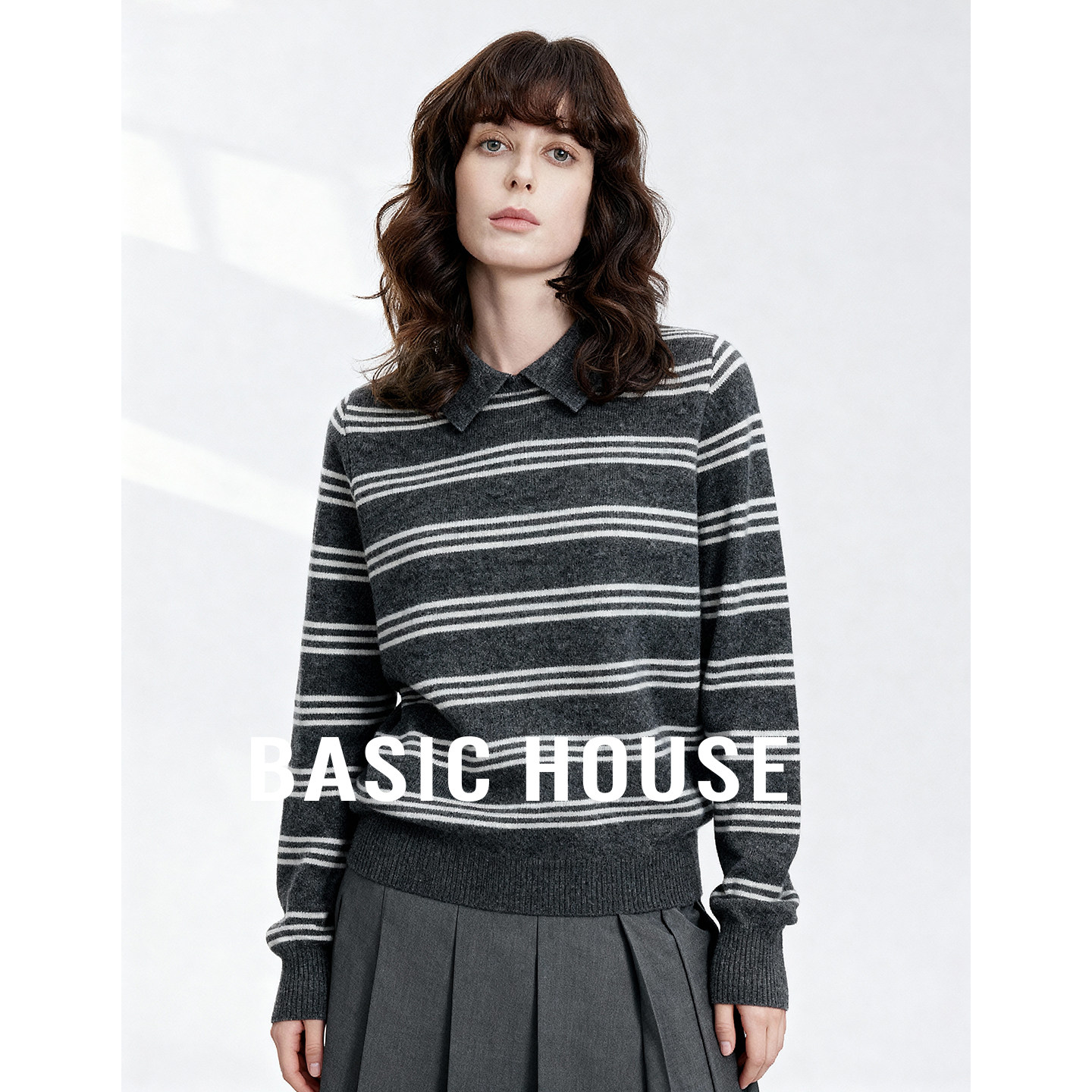 Basic House/百家好polo领条纹撞色绵羊毛毛衣女秋冬保暖内搭上衣,女装/女士精品,羊绒衫,淘宝优惠券,粉丝福利购,淘宝优惠卷