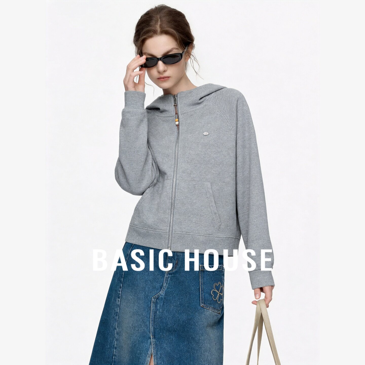 Basic House/百家好立领连帽拉链卫衣女宽松百搭开衫外套休闲上衣