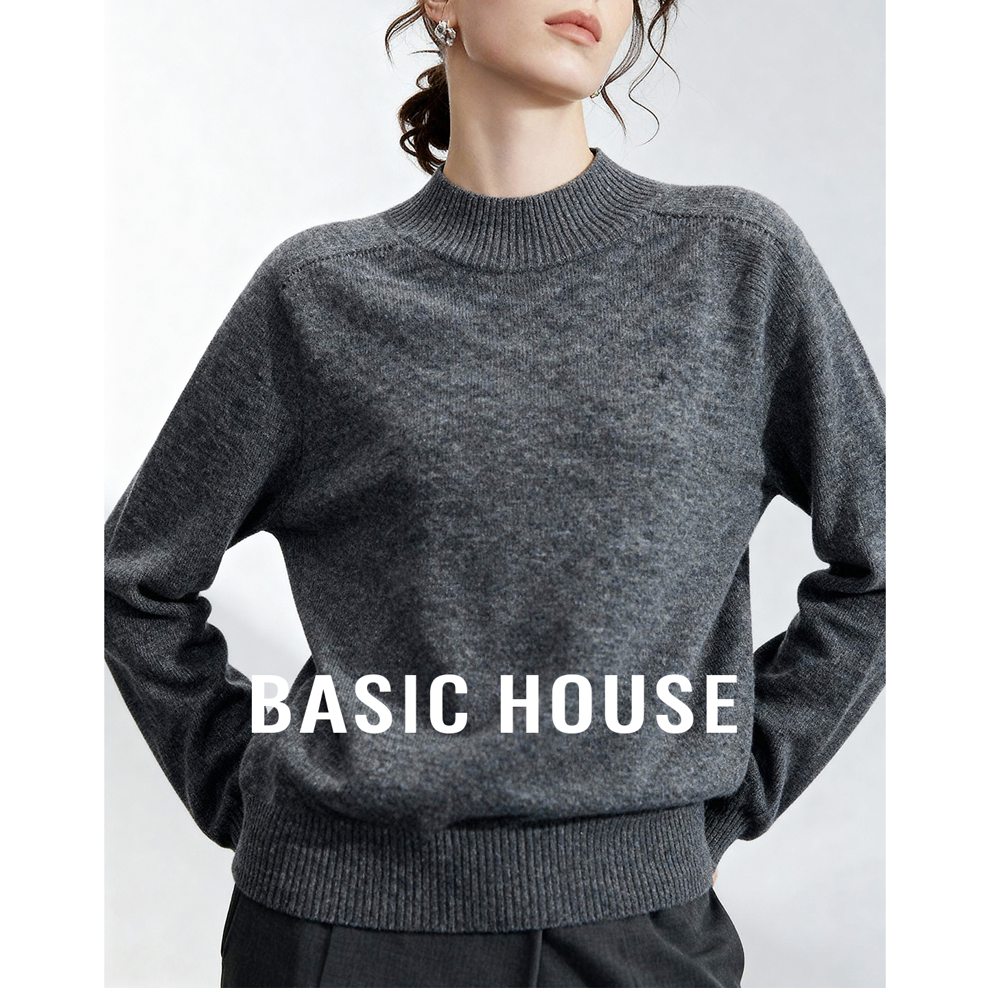 Basic House/百家好纯色半高领针织衫2025新款宽松套头内搭上衣女