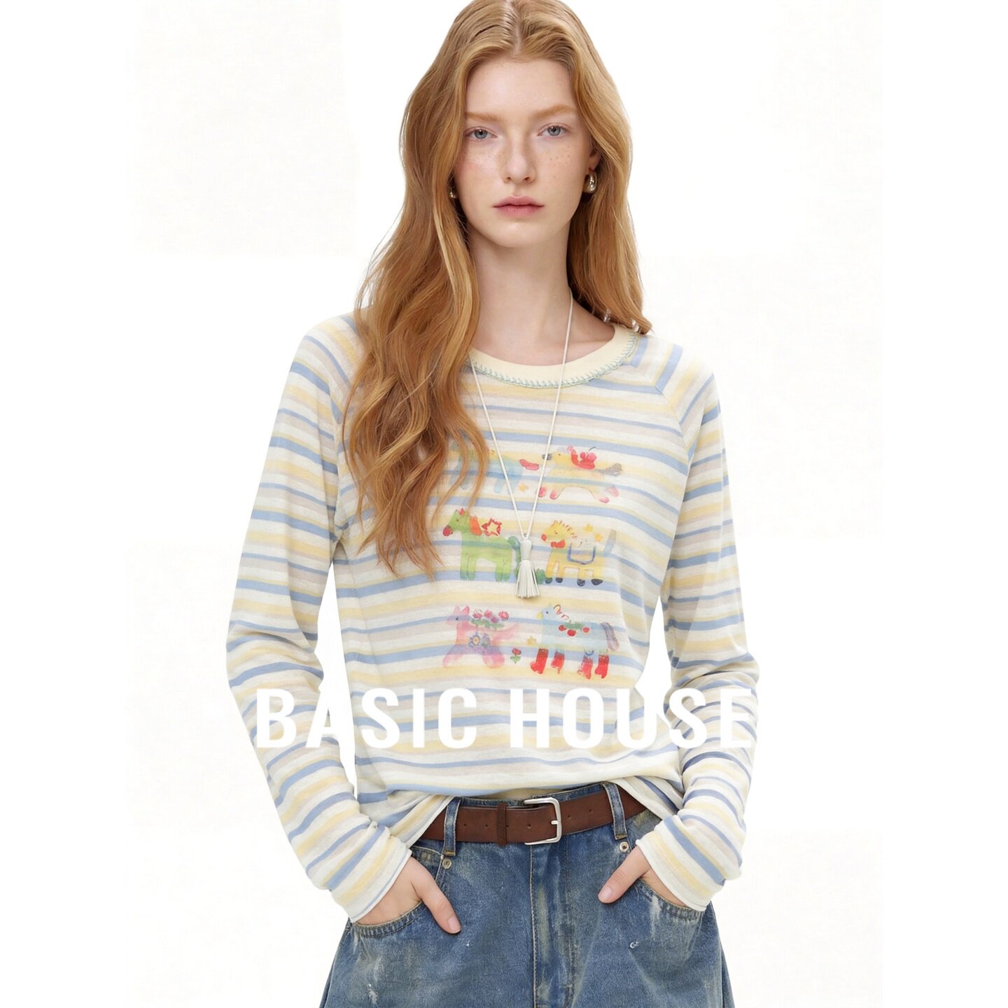 Basic House/百家好彩色条纹卡通动物图案长袖时尚百搭显瘦T恤女