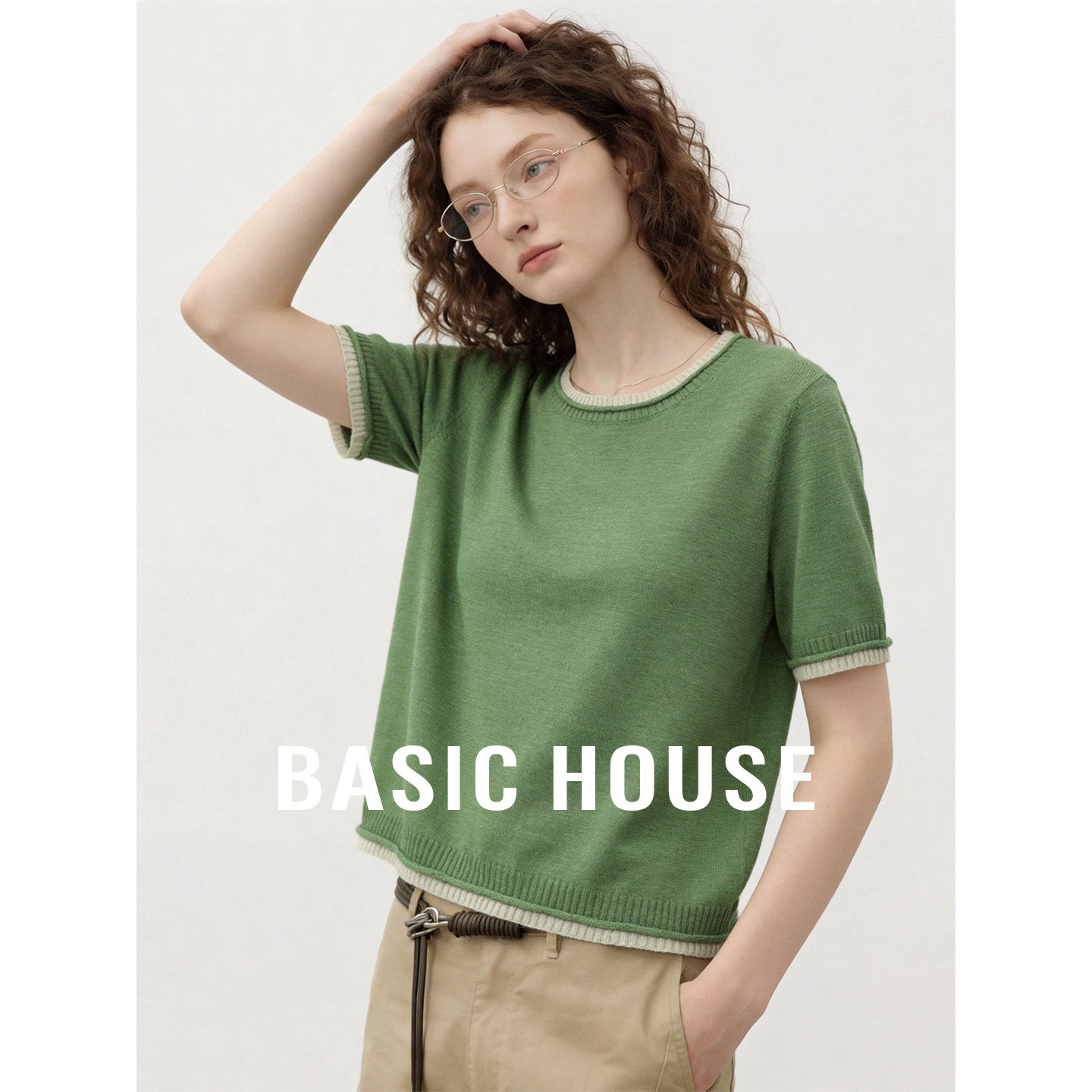 Basic House/百家好绿色圆领韩版短袖针织衫女夏季宽松百搭上衣