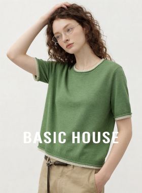 Basic House/百家好绿色圆领韩版短袖针织衫女夏季宽松百搭上衣