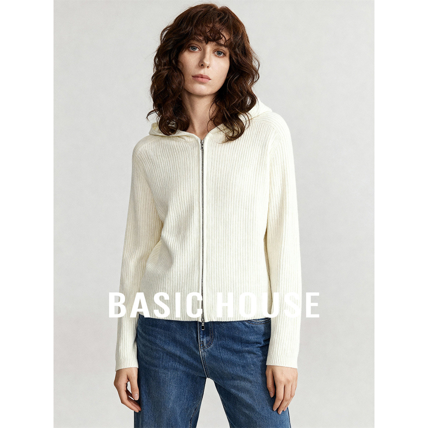 Basic House/百家好本白色连帽简约针织开衫女26春季新款百搭上衣