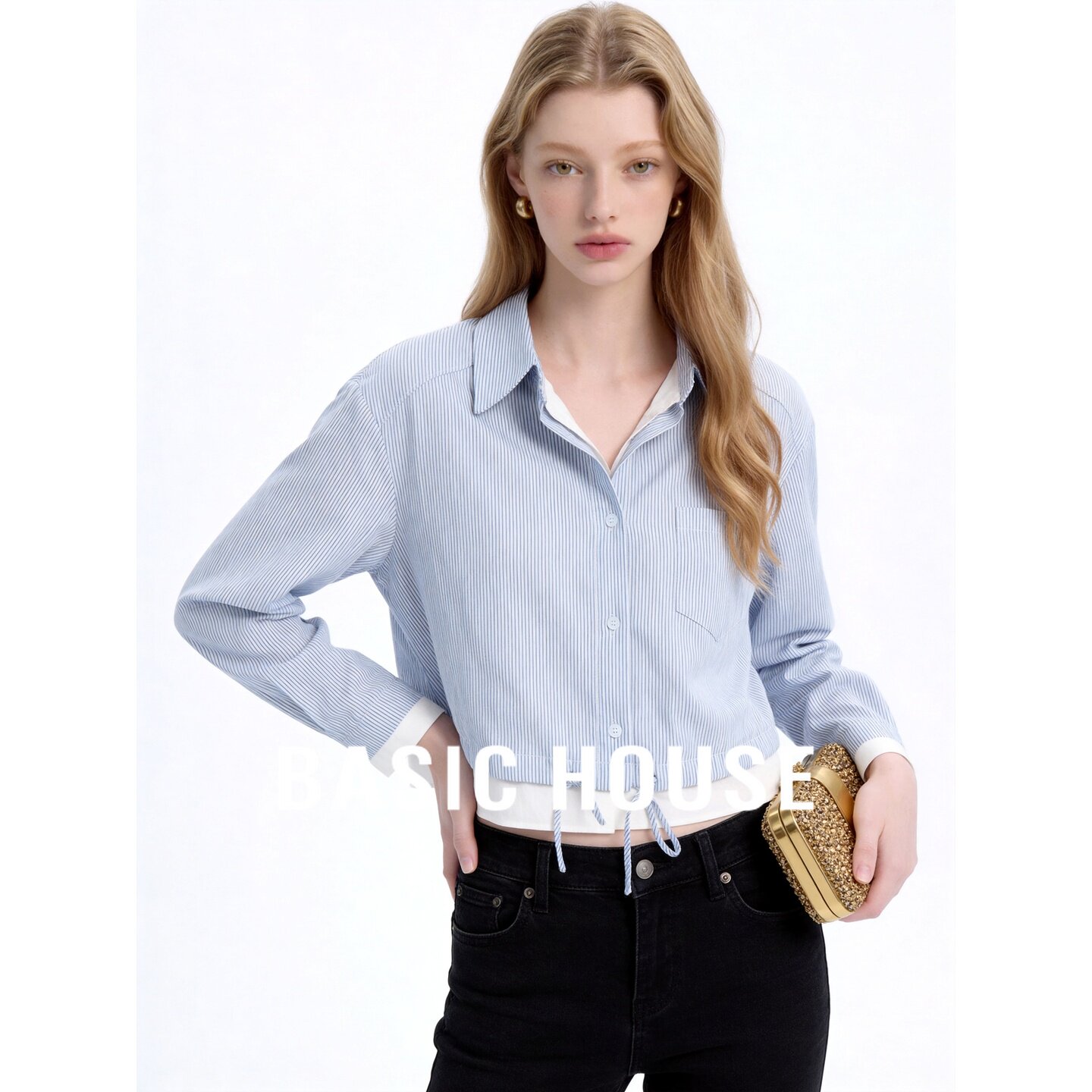 Basic House/百家好蓝白条纹翻领衬衫女秋假两件长袖系带通勤上衣