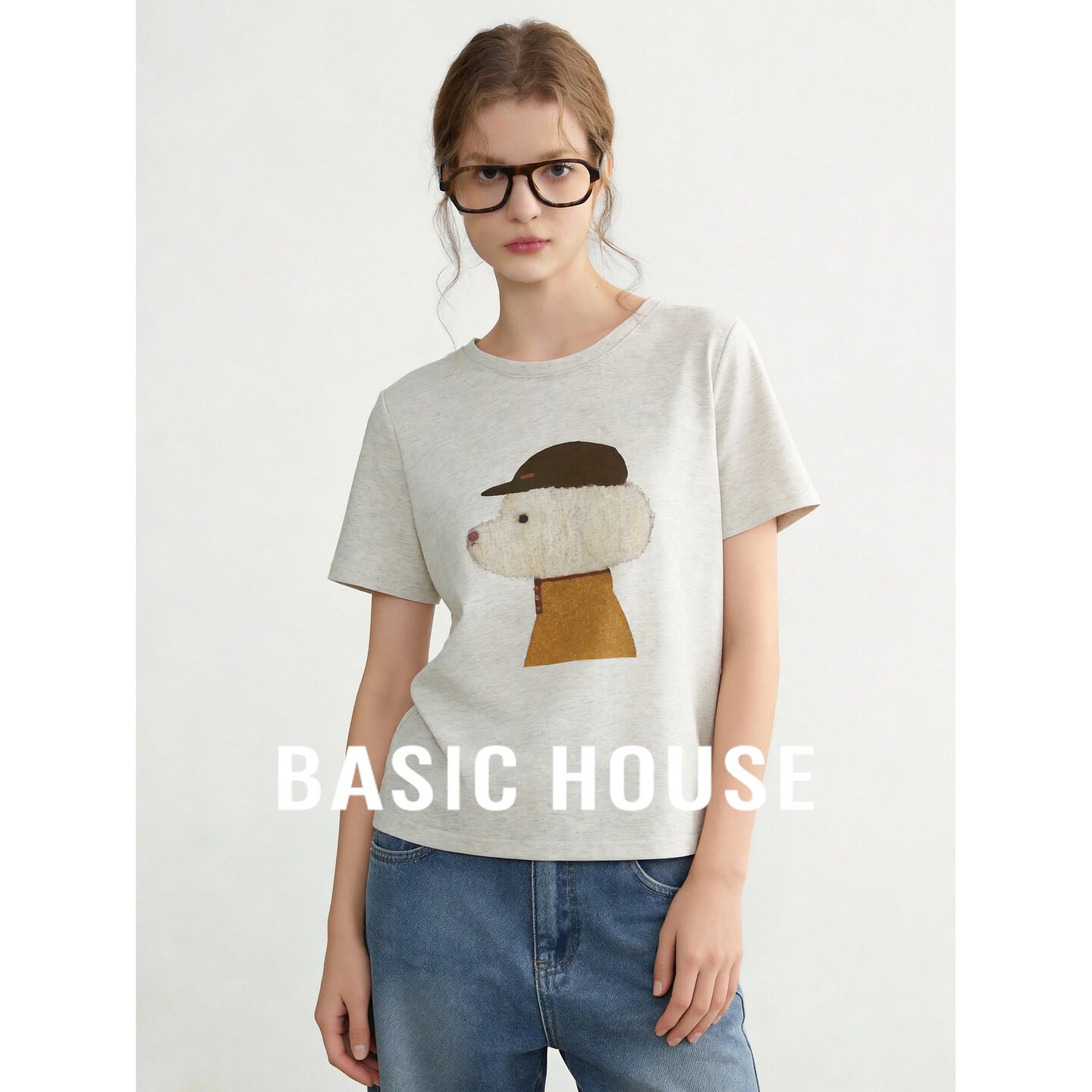 Basic House/百家好韩式小狗印花纯棉短袖T恤女26夏季轻薄针织衫