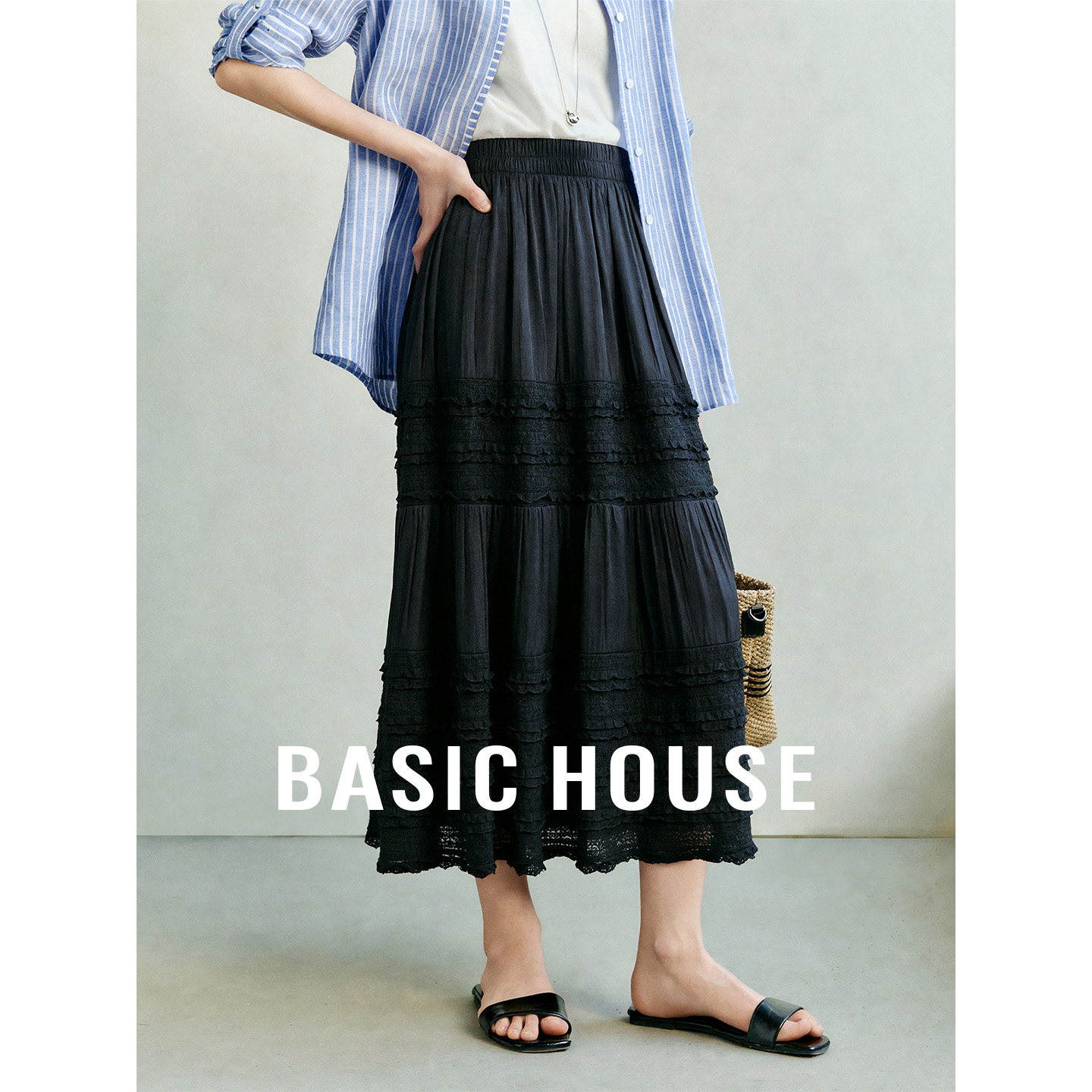 Basic House/百家好黑色A字中长款半身裙蕾丝拼接高腰显瘦蛋糕裙
