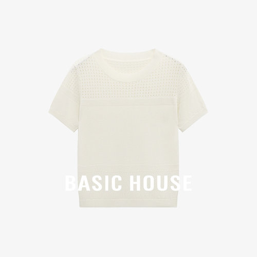 Basic House/百家好轻薄干爽镂空莱赛尔针织衫时尚极简亚麻上衣女
