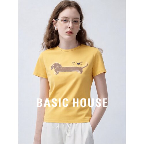 Basic House/百家好黄色圆领短袖印花T恤修身女韩版夏季通勤上衣