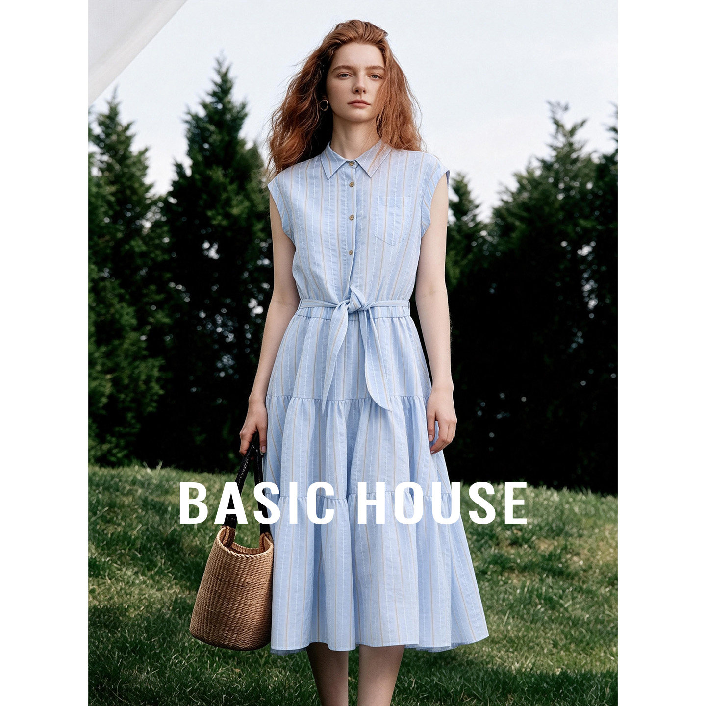 Basic House/百家好翻领条纹无袖连衣裙夏系带收腰显瘦中长款裙子