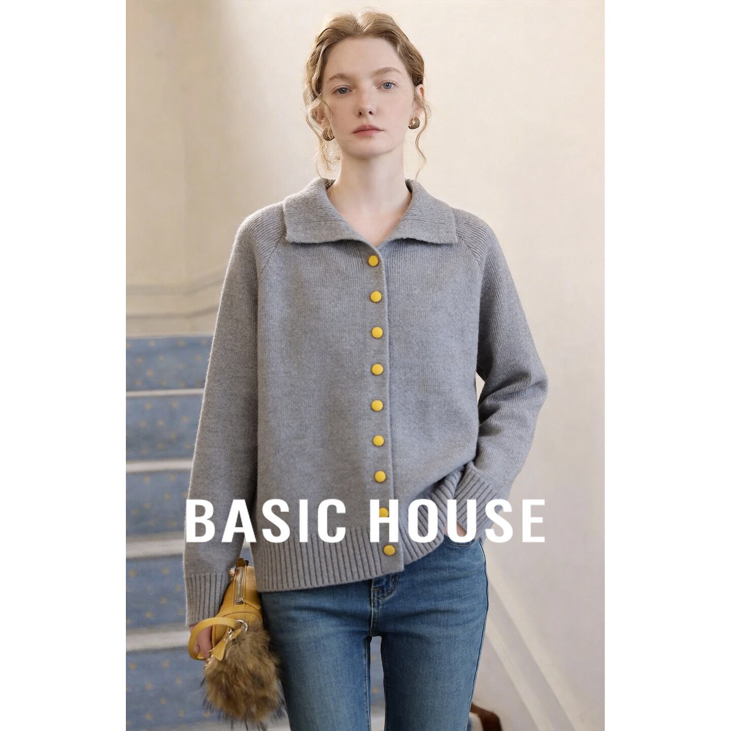 Basic House/百家好翻领黄扣针织开衫女慵懒风灰色毛衣外套松弛感