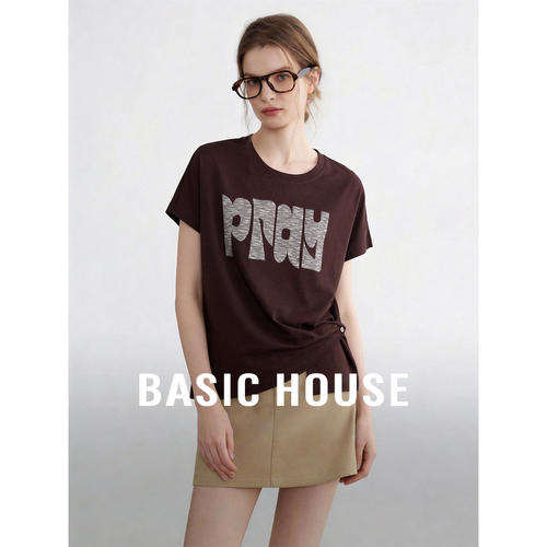 Basic House/百家好咖色圆领字母设计感百搭T恤女春夏超好看内搭