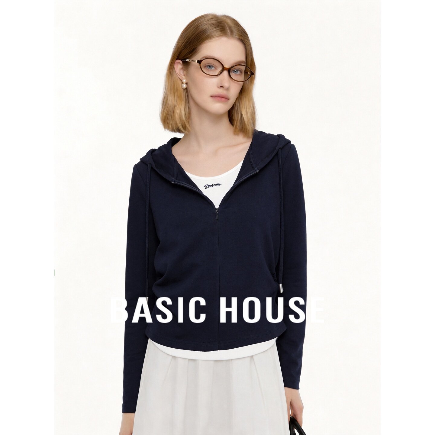 Basic House/百家好2026秋季藏青假两件连帽收腰短款时尚长袖卫衣