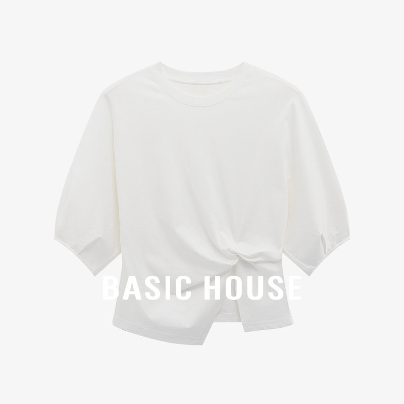Basic House/百家好百搭不规则褶皱开叉T恤白色圆领显瘦短款上衣
