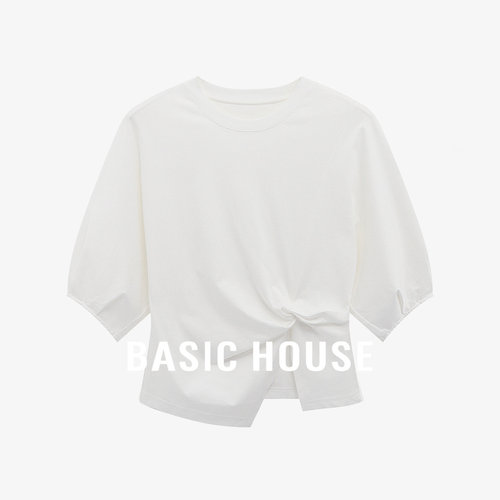 Basic House/百家好百搭不规则褶皱开叉T恤白色圆领显瘦短款上衣