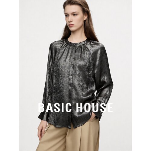 Basic House/百家好复古衬衫女长袖圆领褶皱高级感轻奢上衣
