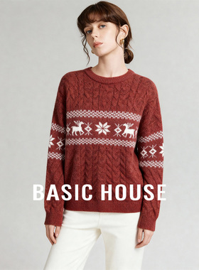 Basic House/百家好秋冬新款圆领新年红色套头毛衣女超好看上衣